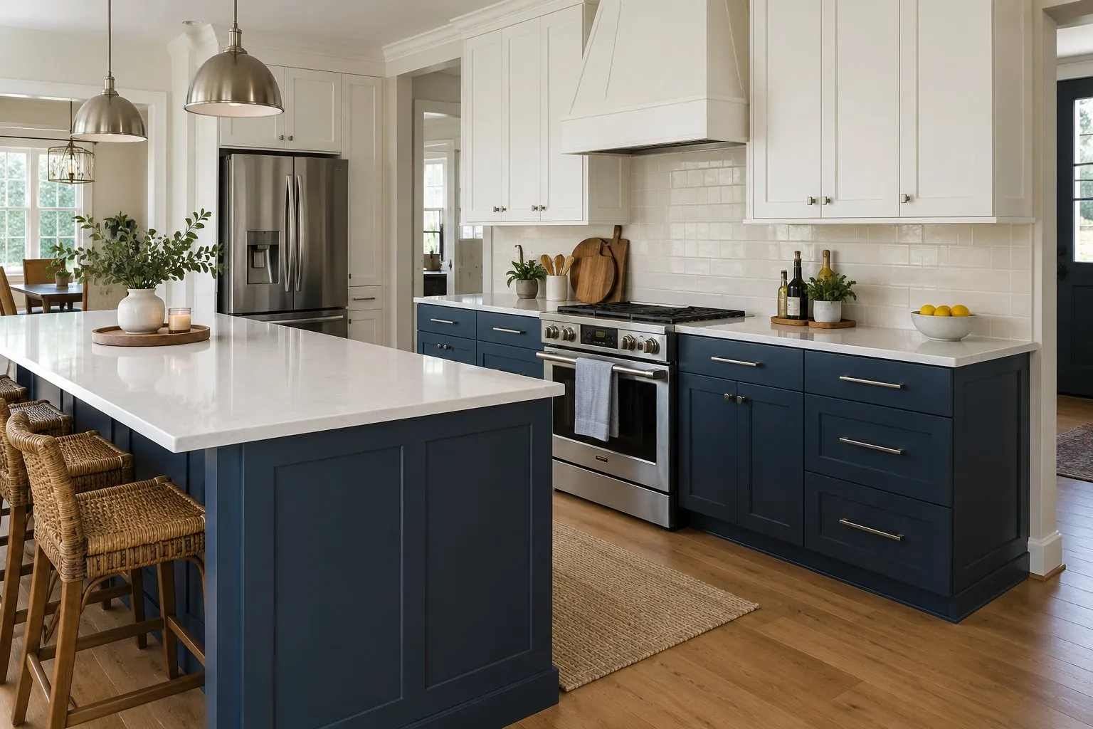 Illustrative image of a kitchen with smooth navy-blue lower cabinets and warm white upper cabinets