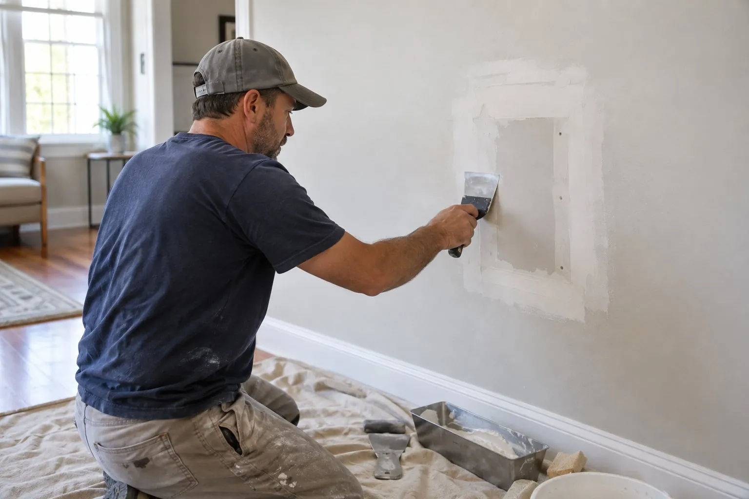 Illustrative image of a tradesperson applying joint compound to a drywall patch with the floor protected