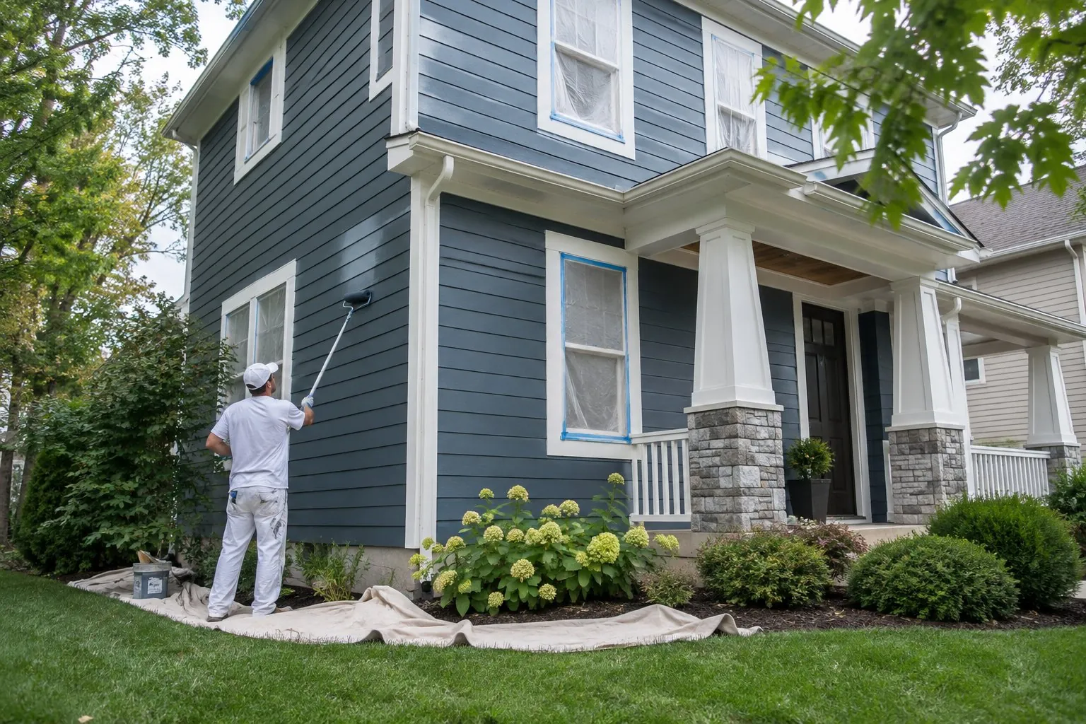 Illustrative image of a painter rolling blue-gray exterior siding on a house with windows masked and landscaping protected