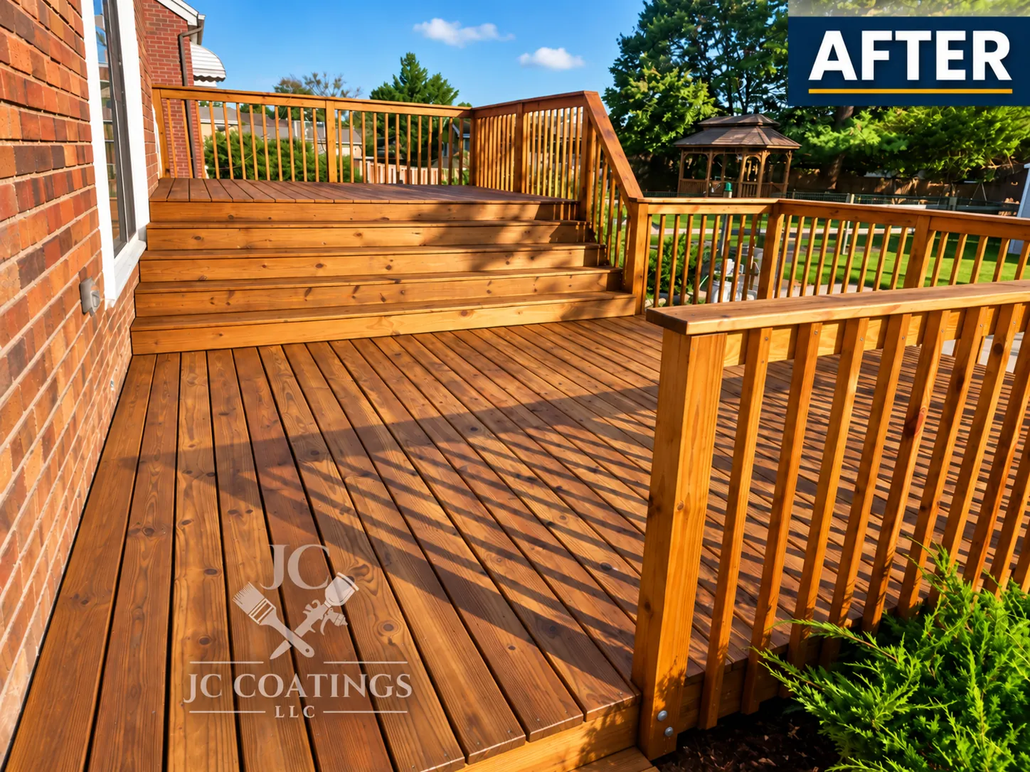 Gail project deck after cleaning, preparation, and warm natural wood stain