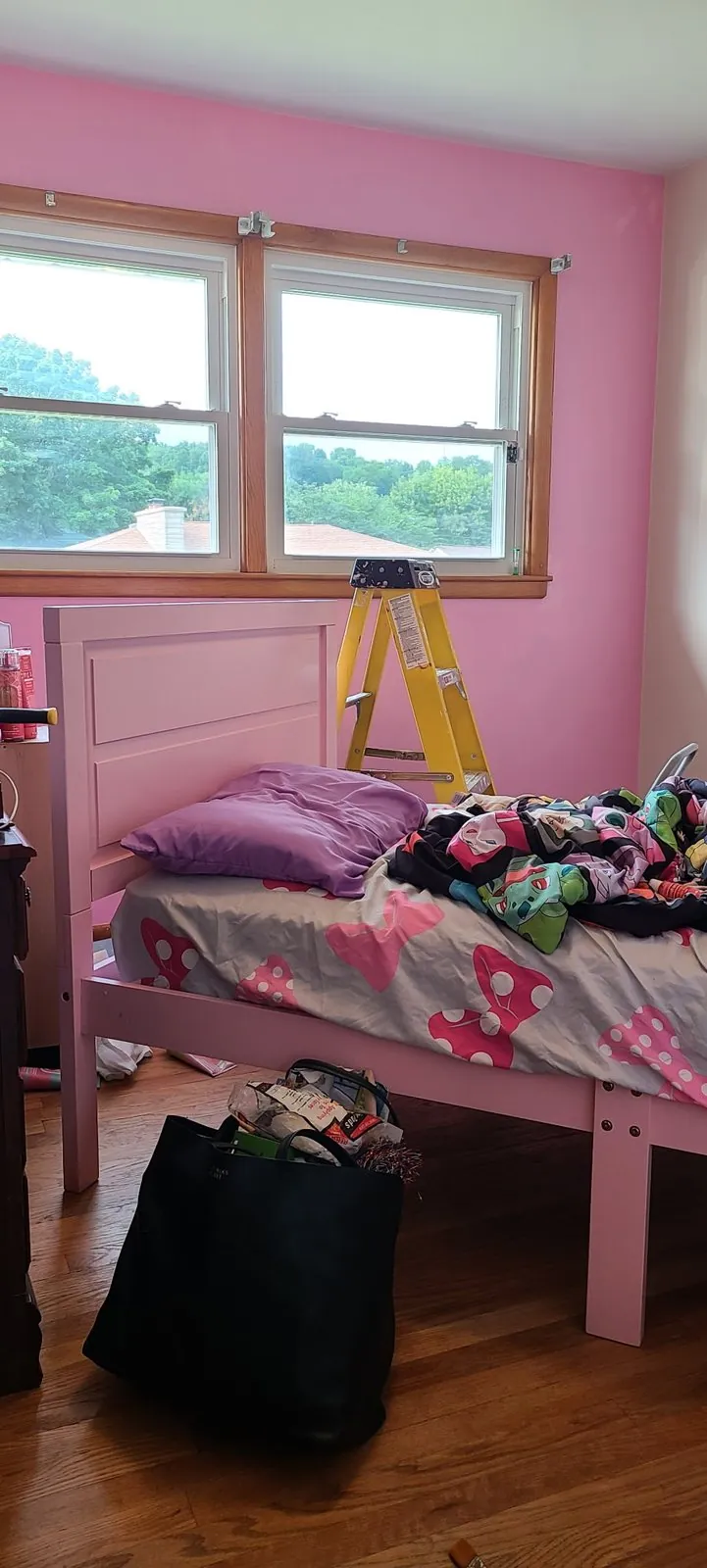 Pink bedroom with white ceiling, wood trim, and wall molding