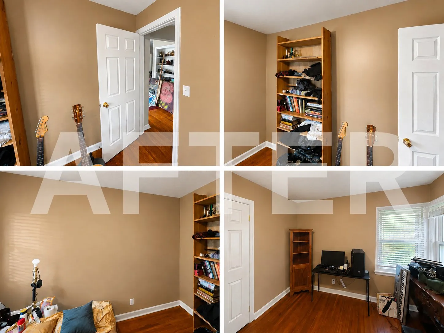 Four views of a room with warm tan walls and white trim