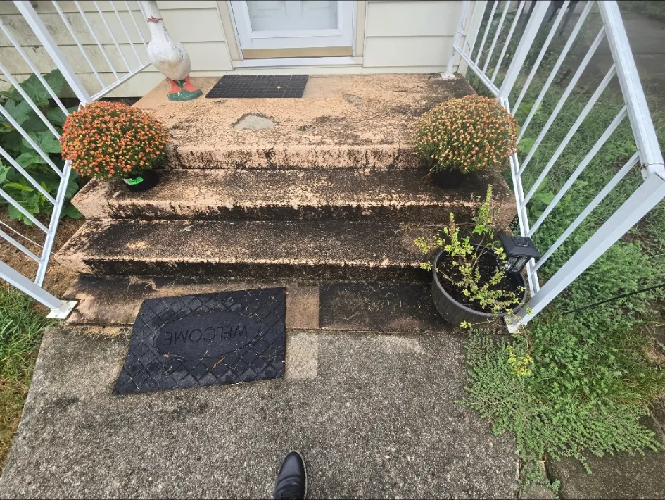 Rebecca project concrete entrance stairs before pressure washing and crack sealing